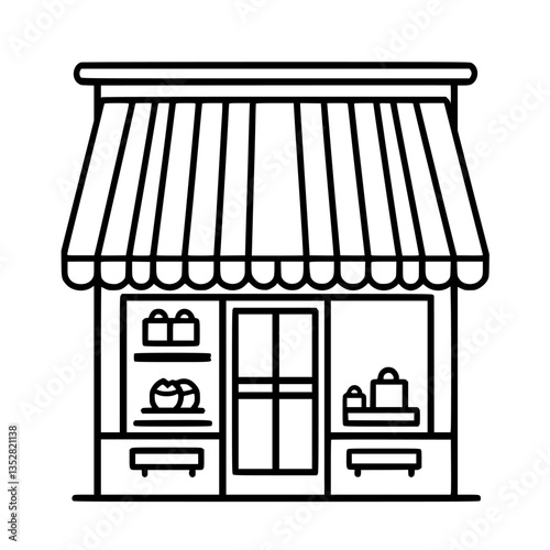 Small storefront with an awning displaying various bags and a bakery display in a charming urban setting