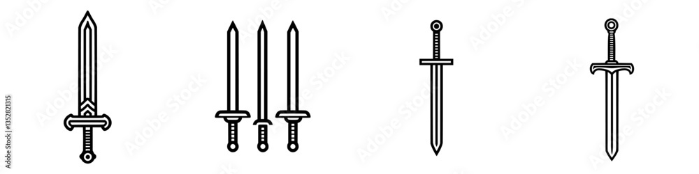 Various sword designs displayed in a minimalist style showcasing different shapes and styles in black and white Various sword designs displayed in a minimalist style showcasing different shapes and styles in black and white