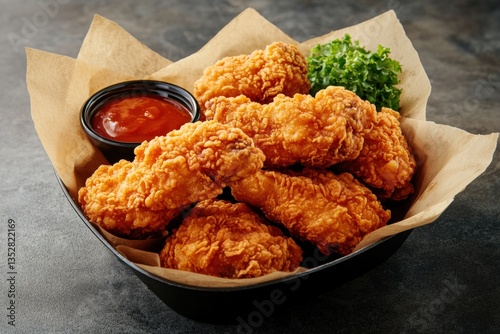 Deliciously crispy fried chicken served with tangy sauce and greens Generative AI photo