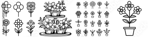 The detailed line art showcases a collection of unique flowers and plants arranged in pots and trays