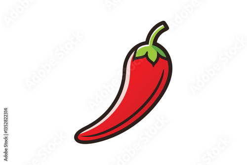 Red Chili Pepper with Green Stem and Black Outline, Isolated on White Background