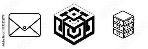 Creative black and white illustrations of communication, technology, and organization symbols