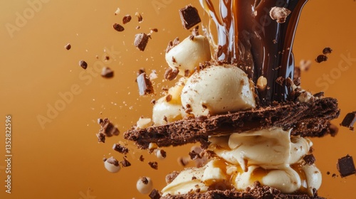 Brownie Ice Cream Dessert with Caramel Sauce Splash