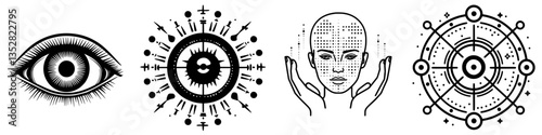 Unique illustrations of mystical symbols and eyes representing perception and enlightenment in a dark theme