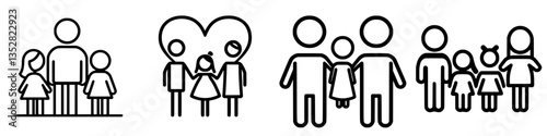 Various family icons representing unity, love, and togetherness in a simple, minimalist style