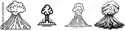Various representations of volcanoes showcasing different eruption styles and ash cloud formations in dynamic line art designs