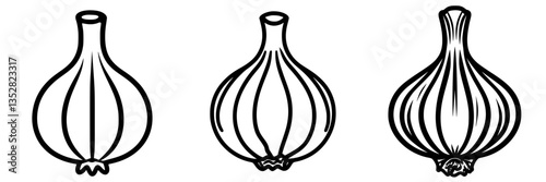 Different varieties of garlic showcased in a simple illustration with distinct shapes and lines
