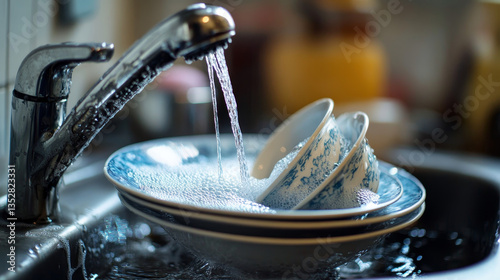A bottle of dishwashing liquid placed next to a kitchen sink, with its recognizable design—often a transparent or brightly colored bottle that may have a screw cap or pump dispenser.

