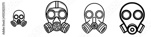 Detailed illustrations of gas masks showcasing various designs and features in a minimalist style