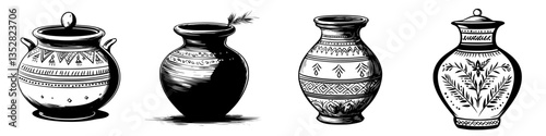 Traditional pottery collection featuring intricate designs from various cultures and eras