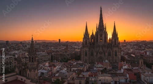 Barcelona Cathedral Sunset Panorama - Stunning panoramic view of Barcelona Cathedral at sunset, showcasing the city skyline and warm golden light
