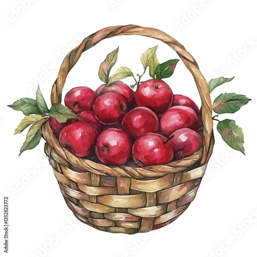 A watercolor vector painting of a crabapple basket, isolated on a white background. Crabapple basket vector.

