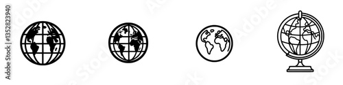 Different styles of globe illustrations showcasing the Earth and its continents in various designs and orientations