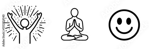 Expressions of joy and tranquility through simple iconography of a person celebrating, meditating, and a smiling face