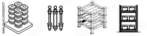 Various types of storage solutions for organizing items in a warehouse or workshop space