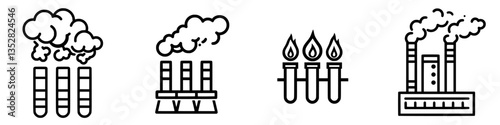 Pollution icons representing smoke, gas, and industrial emissions at a factory site