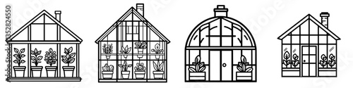 Various styles of greenhouses showcasing plant arrangements and designs