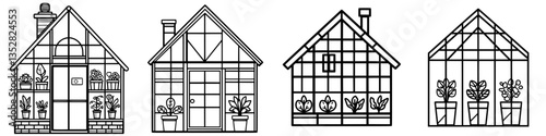 Different styles of greenhouses showcasing various designs and plant arrangements in a minimalist line art representation