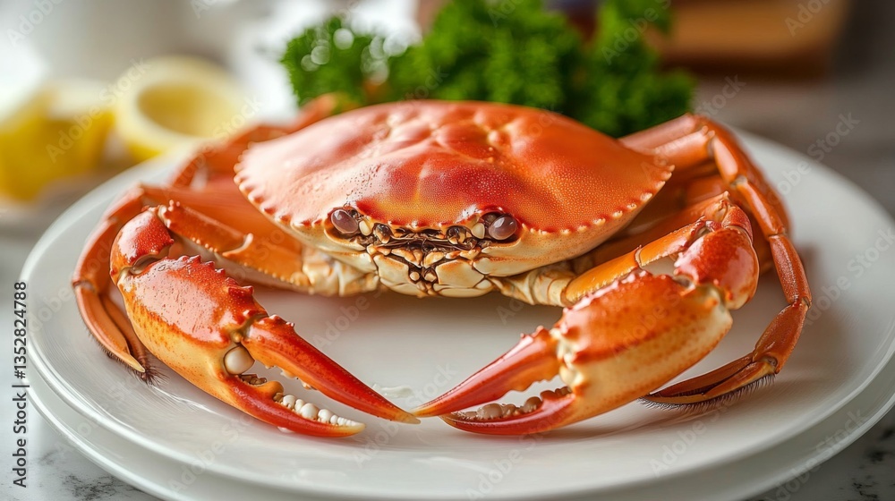 Closeup of Cooked Crab on White Plate with Lemon and Parsley Closeup of Cooked Crab on White Plate with Lemon and Parsley