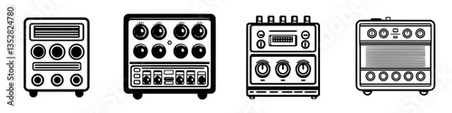 Detailed illustrations of various electronic sound equipment designed for musicians and audio professionals in a studio setting