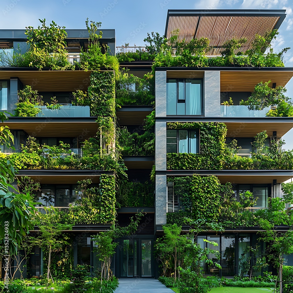 Fototapeta premium Futuristic design with vertical gardens and solar panels high resolution picture