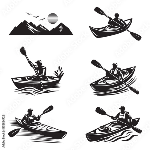 Canoe boat silhouette set, Kayak silhouettes vector vector set of canoe. sailboat race logo vector icon illustration. Canoe silhouette. Set of canoe silhouette vector illustration. People water raftin