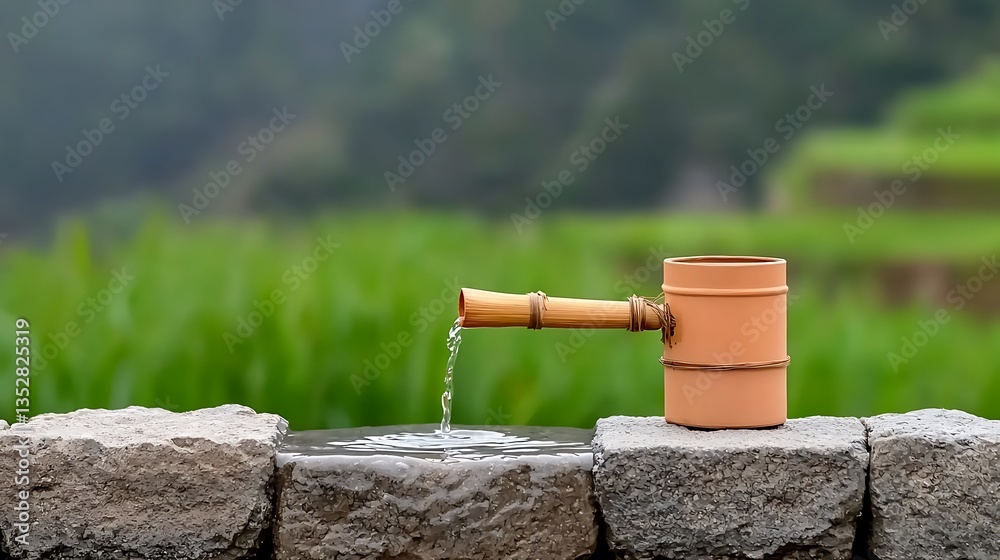 Bamboo spout pours water into stone basin, with green rice terraces in background Bamboo spout pours water into stone basin, with green rice terraces in background