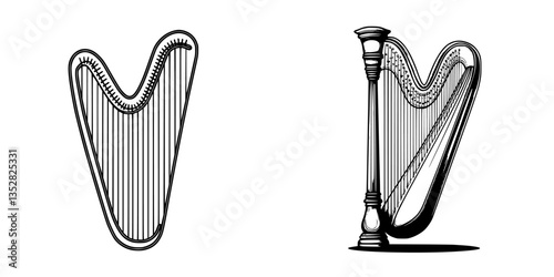 Detailed drawings of a harp showcasing two different perspectives and designs focusing on structure and elegance
