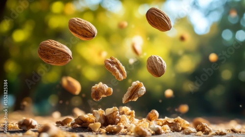 Flying Walnuts and Pecans Against a Blurred Autumn Background