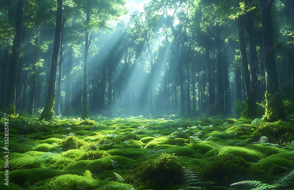 Fototapeta premium Verdant Forest with Sunlight Streaming Through Trees and Lush Moss Carpet