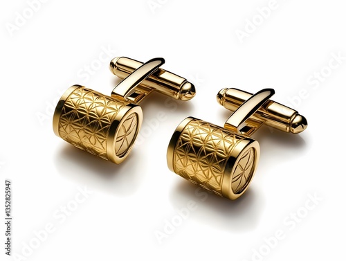Stylish gold cufflinks with engraved pattern on white backdrop HD clarity