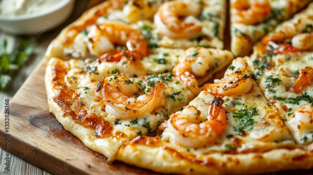 Close-Up of Delicious Creamy Shrimp Pizza Close-Up of Delicious Creamy Shrimp Pizza