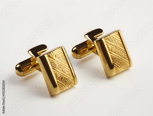 Stylish gold cufflinks with engraved pattern on white backdrop HD clarity