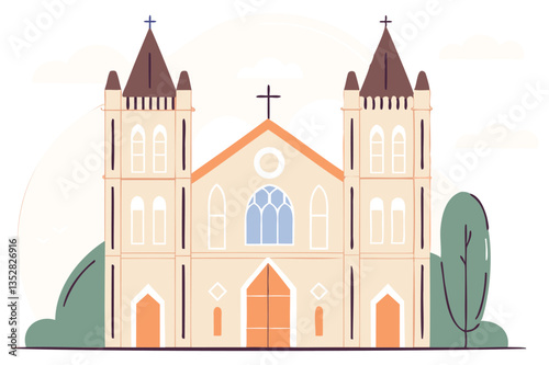 Beautiful traditional church with a cross adorning its steeple, located under a bright blue sky