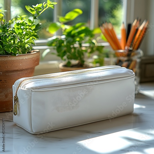 White Zippered Pencil Case Near Plants And Pencils