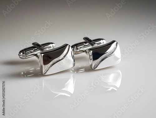 Stylish silver cufflinks with a unique design on white surface high-definition shot