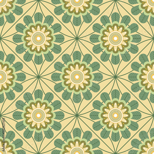 Seamless pattern with flowers in calm green shades.