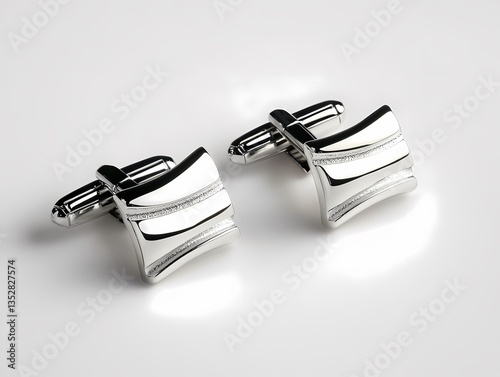 Stylish silver cufflinks with minimalist design on clean white backdrop