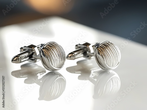 Stylish silver cufflinks with a unique design on white surface high-definition shot