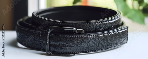 Black leather belt with embossed detailing on white surface high-definition