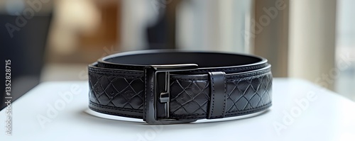 Black leather belt with embossed detailing on white surface high-definition