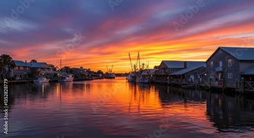 Vibrant Sunset Over Fishing Village - Scenic sunset view of a charming fishing village with colorful sky reflecting on calm water, boats moored along the waterfront