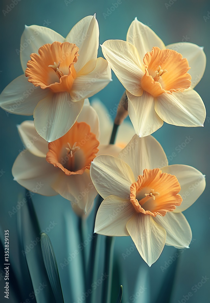Obraz premium Delicate Daffodils with Pale Yellow Petals and Orange Centers on a Soft Blue Background
