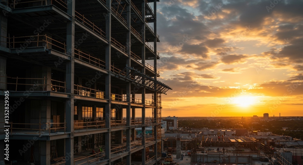 Sunset Over Construction Site - Steel framework of a high-rise building under construction at sunset. City skyline visible in the distance Sunset Over Construction Site - Steel framework of a high-rise building under construction at sunset. City skyline visible in the distance