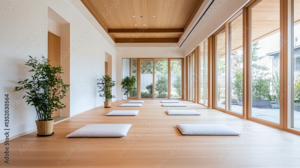 Obraz premium Serene Modern Japanese Interior Design with Natural Light and Minimalist Seating Arrangement for Relaxation