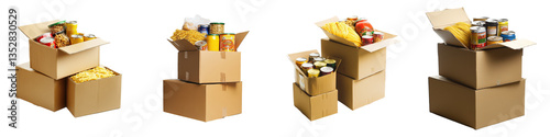 Cardboard boxes stacked, overflowing with canned goods and pasta. A food donation display.