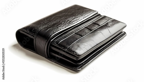 Black leather travel wallet with compartments on white background sharp HD shot