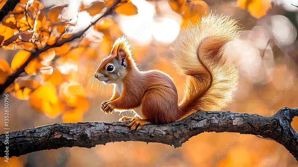 Red squirrel perched on a branch amidst autumn leaves. Red squirrel perched on a branch amidst autumn leaves.