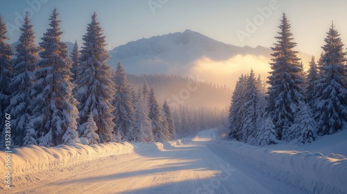 Snowy road through winter forest at sunrise, mountains in background.