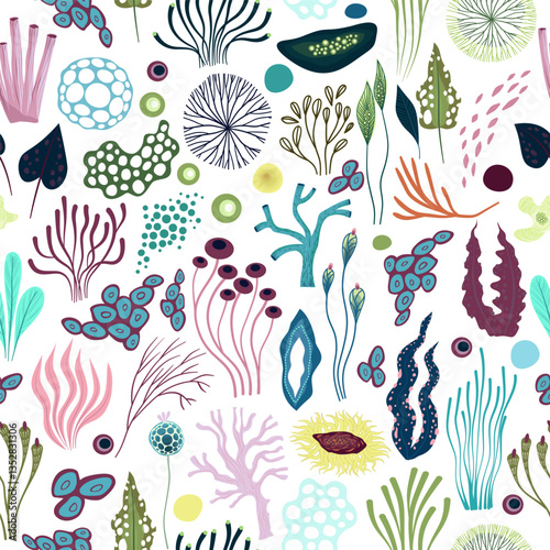 Seamless pattern with corals, seaweed. Marine pattern. Seabed.